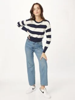 Noisy May Pulls Maille Fine Pull-over Femme Bleu Foncé / Blanc -Noisy May 98fff21b319afdab712a61ab20fd2c18